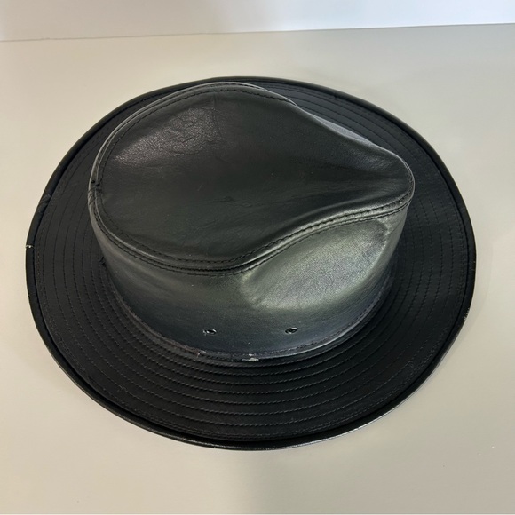 VINTAGE HENSCHEL BLACK LEATHER FEDORA HAT SIZE M - Picture 3 of 8